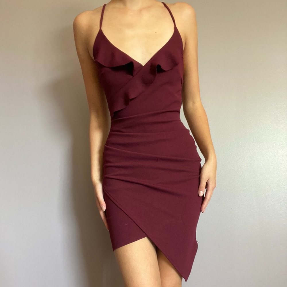 burgundy asymmetrical mini bodycon cocktail dress